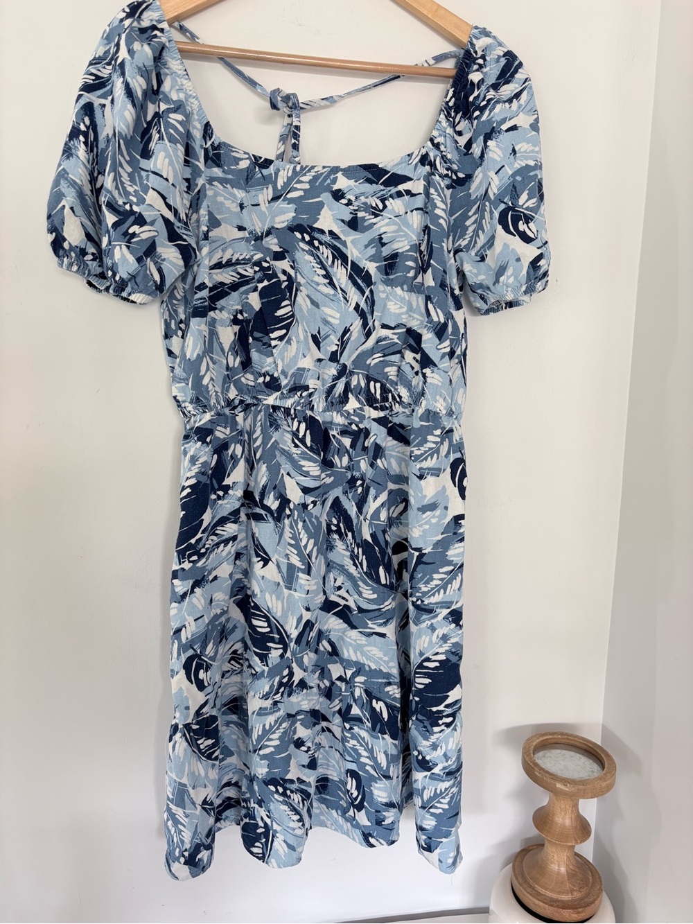 CHLOE + RENE Sz M Multi-Blues White Tropical Linen Rayon SS Dress Square Neck